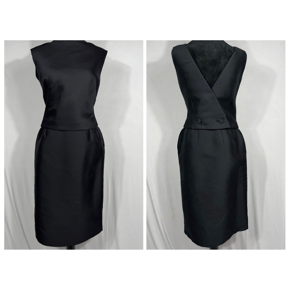 Vtg 50s Harrods California Black Wool Silk Skirt Set V-Back Blouse S/M Hollywood
